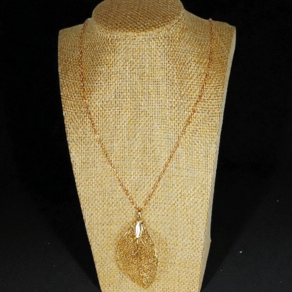 Gold Leaf Pendant Necklace Earth Art Modern Retro Glam New Age Grunge Whimsygoth - Picture 3 of 11